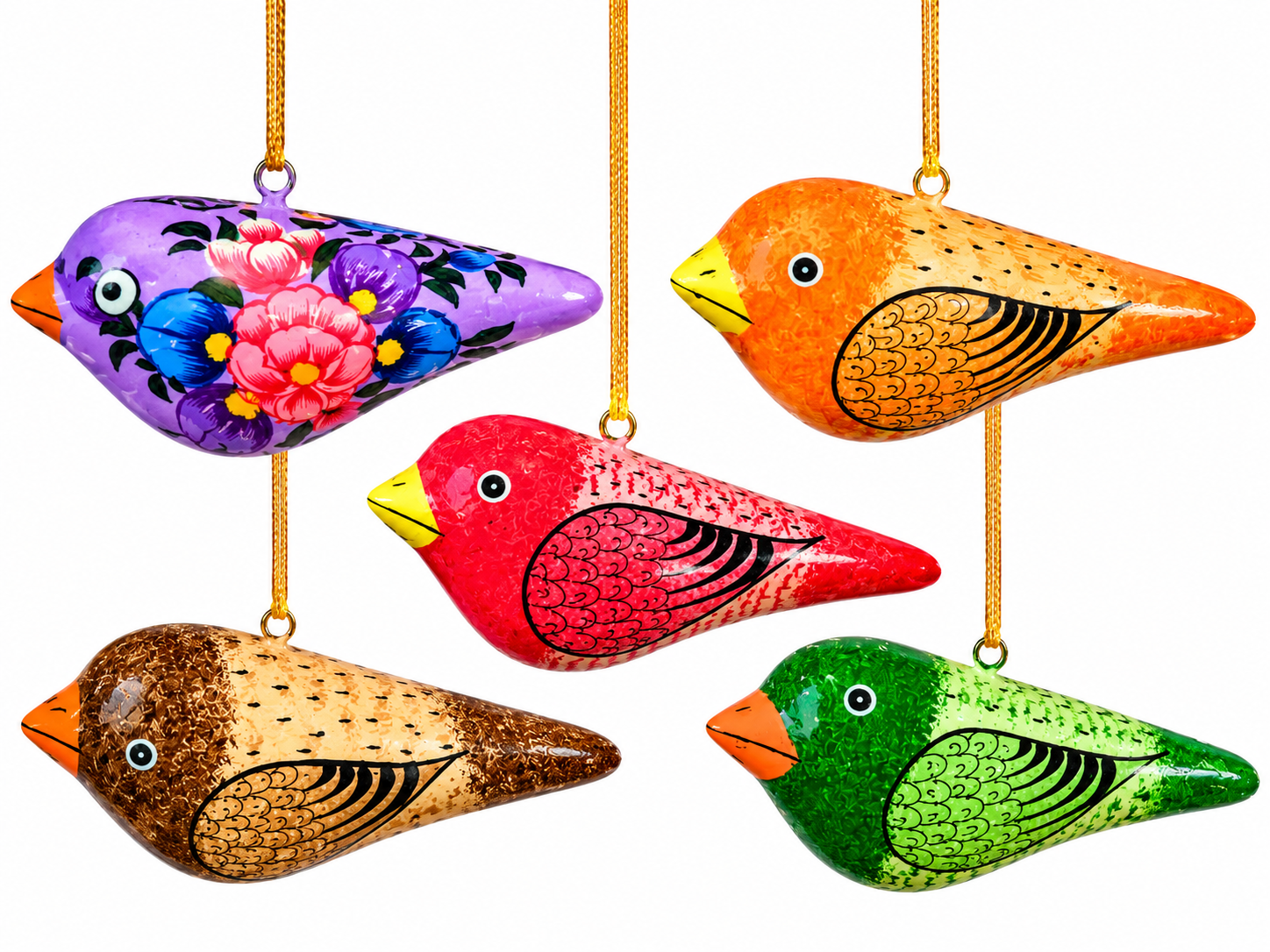Set of 6 Hand painted birds, Hand painted Paper mache birds, paper mache Ornaments, Handmade Christmas Baubles, Handmade Birds hangings